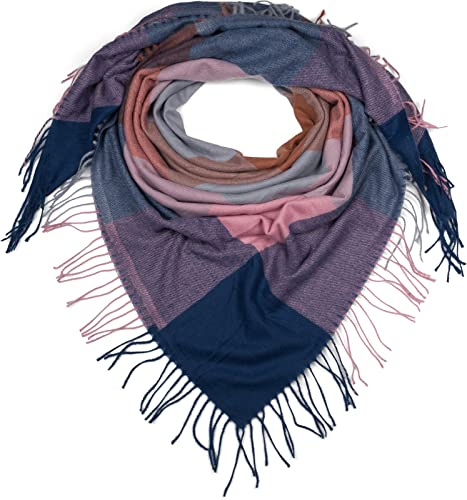 styleBREAKER écharpe carrée XXL, plaid avec motif à carreaux et longues franges, hiver, étole, foulard 01017116, couleur:Bleu-rose-marron