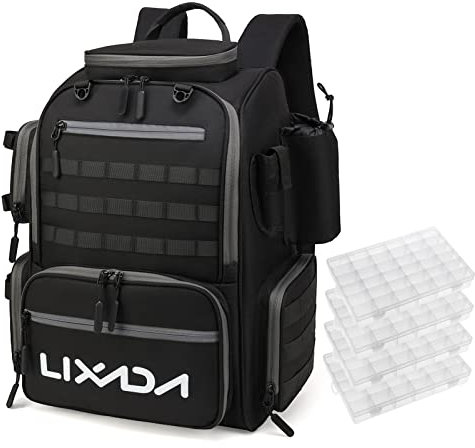 Lixada Angeltasche, Angelrucksack, Große Angeltasche Angelrucksack zur Aufbewahrung und Organisation Angelzubehör und Angelausrüstung für Campen Wandern Reisen, mit Köderboxen und 1 Regenschutz