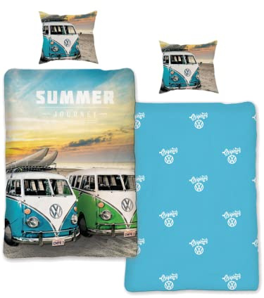 SkyBrands Volkswagen Bettwäsche VW Bulli 135x200 80x80 Baumwolle Bus VW Bulli Bettwäsche-Set 2tlg 1x Bettbezug 1x Kissenbezug