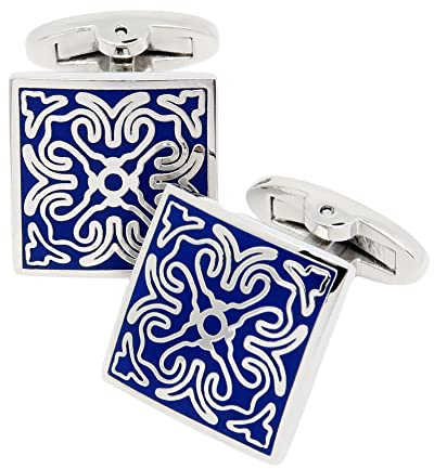 Jonwo Viereckige Vintage Cloisonné Manschettenknöpfe für Männer Blaue Retro Muster Herren Manschettenknöpfchen Cufflinks Hochzeit Hemd Party Geburtstag Jubiläum Kleid