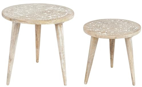 Beliani Beistelltisch 2er Set Mango Holz Hellbraun/weiß rund dreibeinig verziert Uday