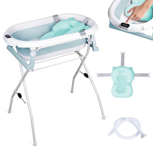 moovkee. Banheira Bebe con Soporte de 80 cm - Bañera Plegable Bebé con Termómetro y Cojín de Baño - Banheira Bebe con Estructura Segura para tu Bebé - para Recién Nacidos