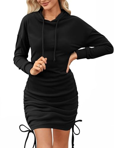 Aottori Felpa Lunga Donna Slim Fit con Cappuccio Vestito Felpe Casual Mini Abito a Maniche Lunghe Elegante Sweatshirt Lungo Sportivo Autunno Nero L