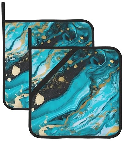 Set di 2 presine da cucina con stampa marmorizzata blu turchese e oro, resistenti al calore, per microonde, forno, barbecue