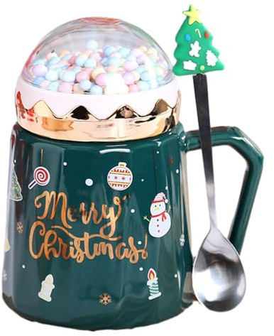 Kasmole Juego de Tazas navideñas | Set de Regalo de Taza navideña de cerámica Taza de café navideña con Cuchara y Tapa de Bolas de Nieve de Invierno - para Regalos de Fiesta de Navidad