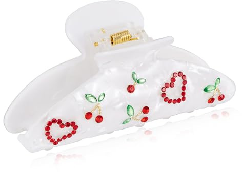LILIE&WHITE Haarclip mit Kirschen und Herzen, Große Haarklammer in Weiß mit Strassverzierung, Stabiler Haarspangen für Damen, Modeschmuck für Geschenkideen und Alltags-Looks