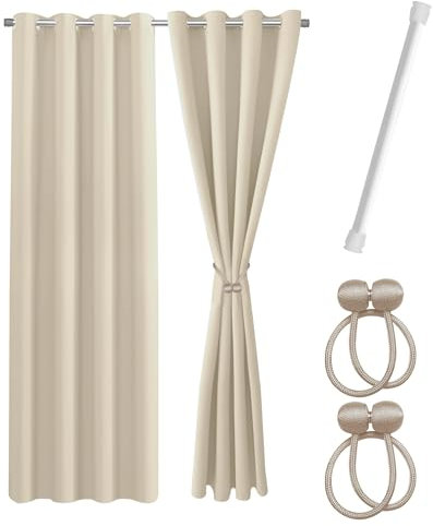 Cozyor Praktisches Set ohne Bohren: 2X Vorhang + 1x Klemmstange 70-120 cm + 2X Raffhalter mit Magnet Blickdicht & verdunkelnd, als Raumteiler, Fenster & Tür Beige Thermovorhang 220x135cm
