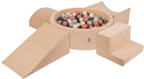 KiddyMoon Parque Terciopelo Infantil De Espuma con Rodondo Piscina De Bolas Piscina (300 Bolas) + Version 5 para Niños, Beige De Arena: Turquesa Oscuro/Beige Pastel/Gris Verde/Salmón