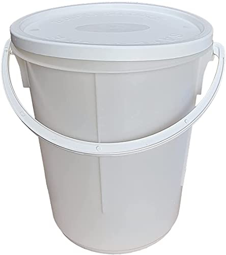 1x Plastic Buckets Strong Plasterers Builder Buckets Cement Mixing Muck Water Tub Cleaning Buckets Fermentation Brew Buckets Pail Bucket Garden (White, 25L Litre Bucket with Lid and Handle)