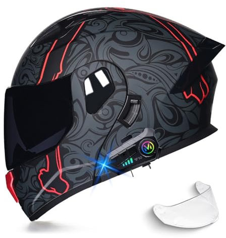 Motorbike Helmet with Bluetooth Module, Flip Up Full Face Integrated Helmet, ECE Approved, Lightweight Ventilation Design, High Definition Double Visor, for Adult Men and Women