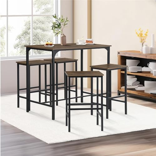 anrekl Esstisch und Stuhlset, Bartisch mit 4 Stühlen, Küche Wohnzimmertheke, Bartheke, Stahlgestell, Industriedesign, Bartisch 100x60x90CM, Barstuhl 30x40x65CM, Braun