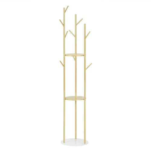eSituro Garderobenständer gold, Baumform Kleiderständer mit 3 Ablagen Marmorbasis, Garderobe stehend mit 9 Haken, Mehrzweck Standgarderobe, für Schal Tasche Regenschirm, aus Metall
