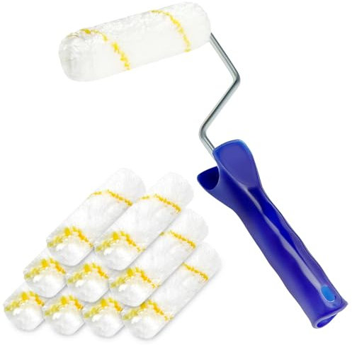 QWORK®® Lot de 10 mini rouleaux de peinture 110 mm avec manche ergonomique - pour travaux de peinture et de rénovation