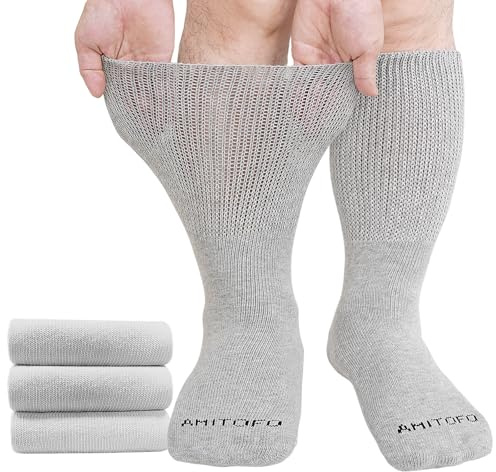 LOFIR Calze Diabetiche Uomo in Cotone: Calzini Senza Elastico e Senza Cuciture Donna Calze Extra Larghe Diabetiche per Caviglie e Piedi Gonfi 3 Paia Grigio 47-50