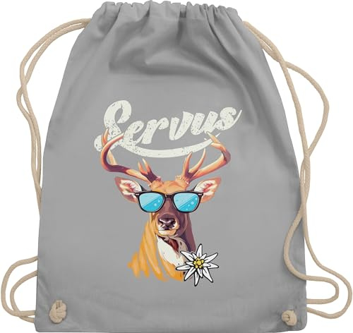 Turnbeutel Rucksack - Kompatibel mit Oktoberfest Tasche - Servus Hirsch - Unisize - Hellgrau - trachtenrucksack bayrische beutel trachtentaschen bayrisch oktoberfest-tasche bayern trachtenrucksäcke