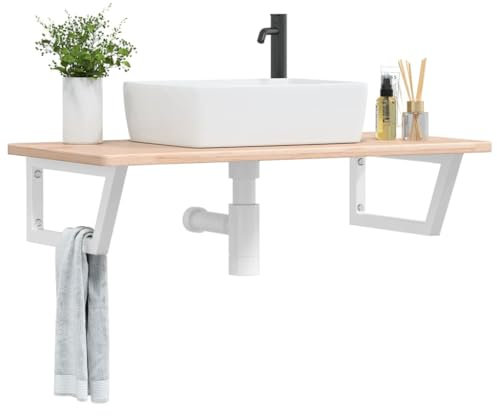 Somanki Waschtischplatte mit Halterung Stahl und Massivholz Eiche, Arbeitsplatte, Holzplatte, Schreibtischplatte, Waschtischplatte, Küchenarbeitsplatte - 3302386