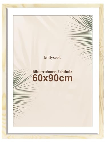 kollyseek Bilderrahmen 60x90cm Echtholz mit Passepartout Holz Rahmen mit Acrylglas Kieferholz Fotorahmen mit Bruchsicherem Acrylglas platten bilderrahmen Wood zimmer deko