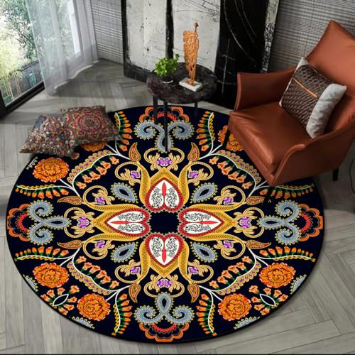 Runder neuer waschbarer Wohnzimmerteppich ø 80 cm rutschfester Akzentteppich Schlafzimmer Esszimmerteppich Weicher Kurzflorteppich Vintageteppich Abstraktes Blumenmuster Schwarz Learned extensively