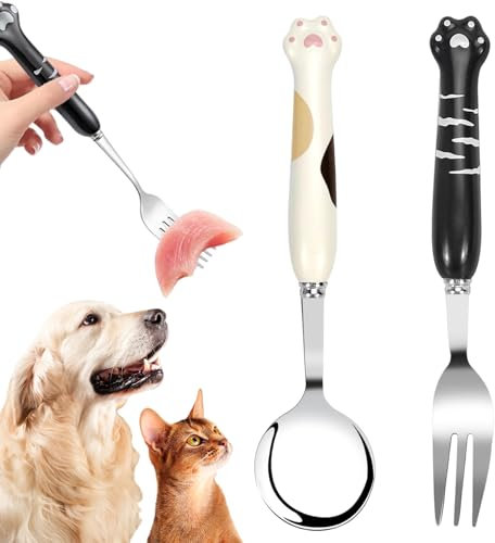 Dog Food Fork, Pet Food Scoop, 2 Pcs Stainless Steel Pet Food Cutlery, Cat Food Fork, Cute Cat Paw Pet Food Scoop, Pet Forks for Dog Food and Pet Feeding Wet Food Spoon