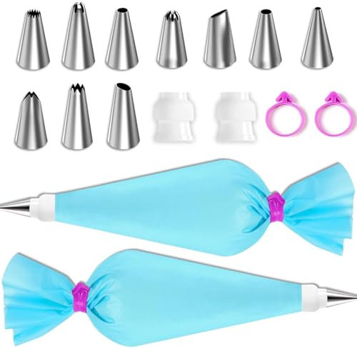 16 Pcs Piping Bags and Nozzles Set – Reusable Icing Piping Kit with 2 Large Reusable Bags, Coupler, 10 Frosting Nozzles for Cake Decorating, Pastry Tips, Cupcakes, Cookies, Baking Supplies for Beginne