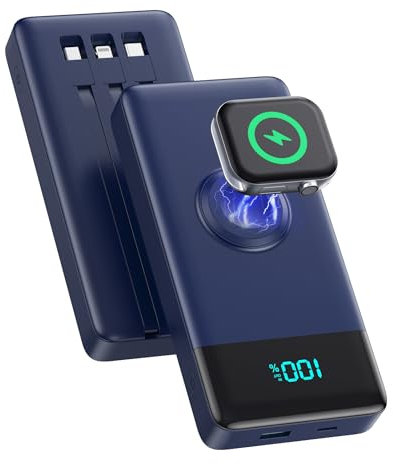 Power Bank 10800mAh for iPhone with Built in Cables,6-in-1 Portable Charger with iWatch Charger,QC4.0+25W PD Fast Charging LED Display USB C Battery Pack for iPhone 16,Samsung,Apple Watch etc-Blue