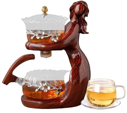 Glass Teapot with Infuser and Lid, Semi Automatic Tea Maker | Stylish Teapot and Cup Set, Ideal for Home, Meetings or Quick Tea Breaks