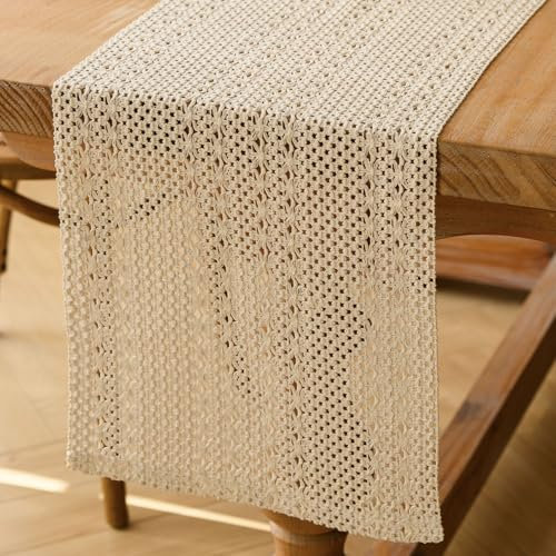 Kiatuniya Chemin de Table Boho Décoration Blanc Printemps Chemin de Table en Dentelle au Crochet Etroit Vintage Court Beige Crème Décoration de Table de Fête de Mariage en Plein Air 30 x 180 cm