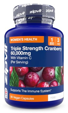 Zipvit Triple Strength Cranberry 60,000mg, High Strength Cranberry Extract with Vitamin C, 90 Vegan Capsules for Immune Support, 1 Month Supply, Supplement for Men & Women
