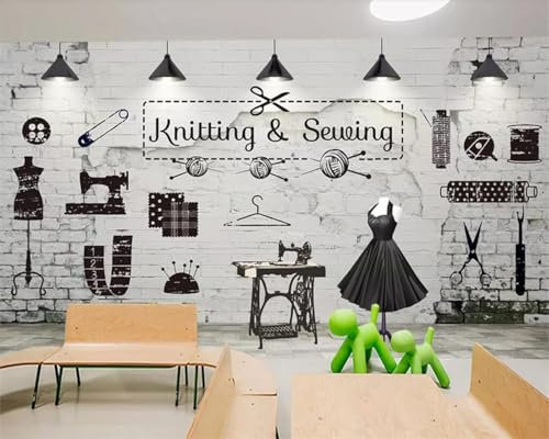 XLMING Máquina De Coser Vintage White Brick Wall Clothing 3D Papel Pintado Oficina Comedor Sofá Dormitorio Sala de Estar TV Fondo de Pantalla-250cm×170cm