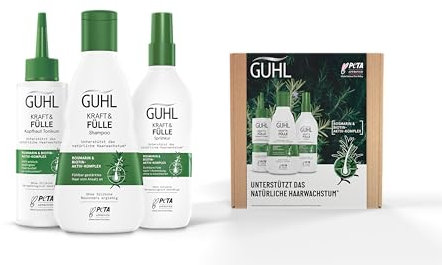 Guhl Kraft & Fülle Vorteils-Set - Inhalt: Shampoo, 250ml + Kopfhaut Tonikum, 125ml + Sprühkur, 150ml - Für dünner-werdendes, zu Haarausfall neigendes Haar