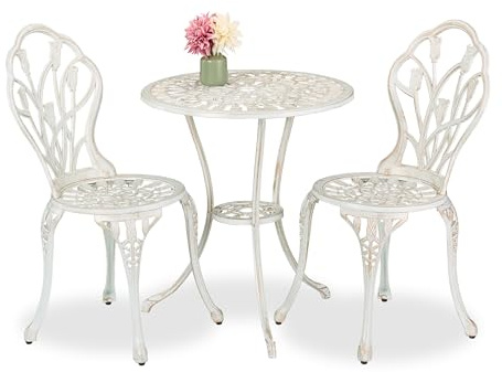 Relaxdays Set med trädgårdsmöbler, 3 delar, bord och 2 stolar, gjuten aluminium, balkongmöbler antik design, trädgård sittgrupp, vit/brons