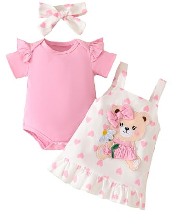 UUAISSO Vestiti per neonati Bambina Cuore Stampa Manica Corta Tutina Bretelle Gonna Orso Vestito Fiocco Fascia 0-18 Mesi Orso rosa 12-18 mesi