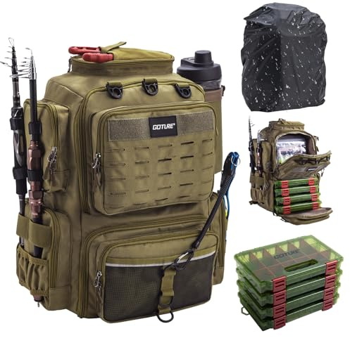 Goture Angelrucksack mit 4 Köderbox Angeln, 45-Liter Angelzubehör-Rucksack mit Zwei Rutenhaltern und Regenschutz, Wasserabweisende Angelgerätetasche mit verstellbarem Fach und 8 Ködertaschen
