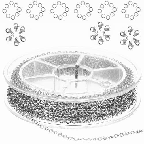 COMNICO 33ft(10m) Jewelry Chain 1.5mm DIY Craft Links 20pcs Lobster Clasps