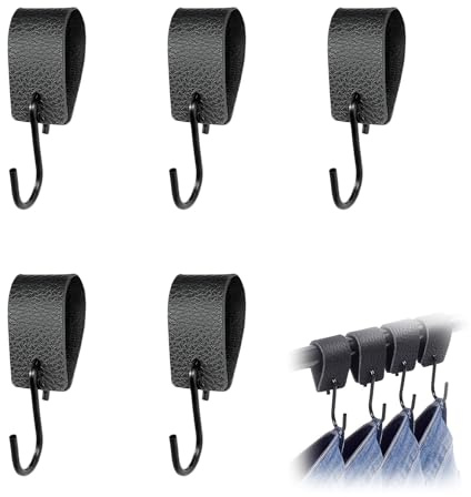 S Haken Schwarz mit Lederschlaufe, 5 Stück Haken Garderobenhaken Kleiderhaken Metallhaken, Garderobe und Camping, Hochwertige Metallhaken mit Robuster Lederlasche, Platzsparende und Elegante Lösung fü