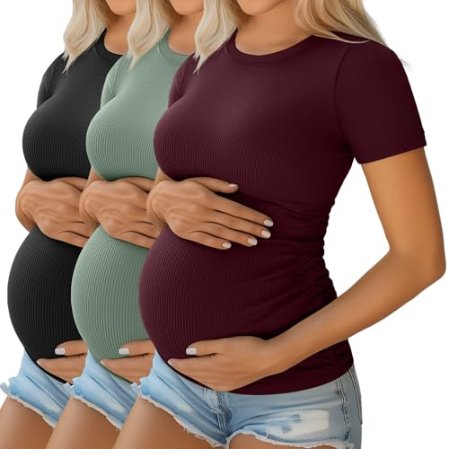 Ficerd Paquete de 3 Camisetas de Maternidad | De Algodon, Manga Corta, Arrugas Laterales, Tejido Canale, Verano, Para Futuras Mamas, Trabajo, Informal