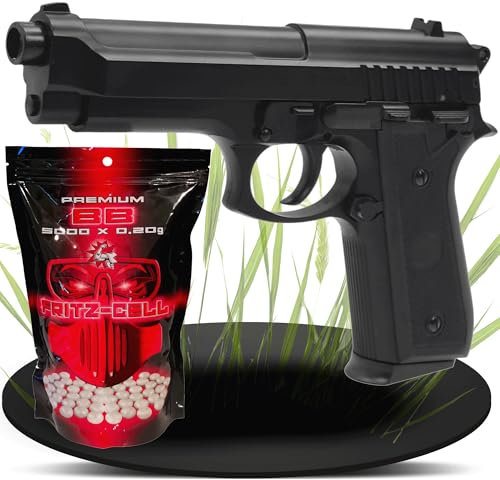 Fritz-Cell Set Airsoft Pistole 92 FS schwere Ausführung Federdruck Softair Waffe 0,5 Joule 6 mm inkl. 5000 Premium BB's 0,20g Munition