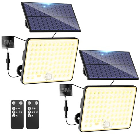 kolpop 2 Stück Solarlampen für Außen mit Bewegungsmelder, 3 Modi, Fernbedienung, 82 LED-Linse Solar Strahler, IP65 Wasserdichte Außenleuchte Wandleuchte für Garten Hof Stufen, 5m Kabel, Warmweiss