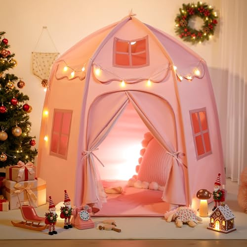 besrey Kids Castle Play Tent with Lights | Indoor Playhouse for Toddlers, Boys & Girls | Princess Fort & Toddler Playhouse | Dream Gift for Christmas, Birthday & Role-Play pink