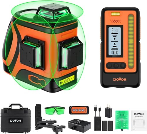 Outdoor Laser Level with Receiver, Daylight High Visibility H3-360G-KIT | 400ft Long Range With Detector, High Power, Daylight Use, Green Beam, For Outside, Grading, Construction, Decking, Framing