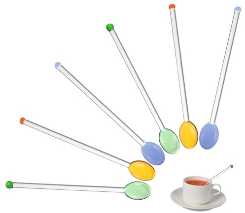 Lurrose 6Pcs Colorful Glass Mixing Spoons with Long Handles for Cocktail Coffee Juice and Beverage Stirring Glass Bar Sticks for Home Bar Restaurant Use