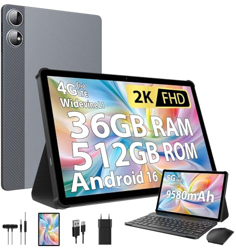 PIXGOOD Android 16 2K Tablet 11 Zoll, 36 GB RAM+512 GB ROM (2 TB TF), 4G SIM LTE + 5G WiFi, Octa-Core, 2000 * 1200, 9580 mAh, 13 MP + 8 MP, WidevineL1, GPS, Bluetooth, Tablet mit Tastatur(Grau)
