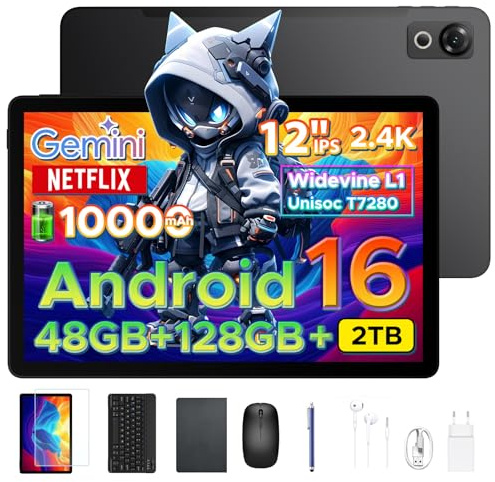 POPUX P12 Android 16 Tablet 12 Pollici,T7280 Octa-Core,48 RAM,Nero