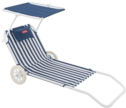 Flamingueo Chaise de Plage - Transat Pliable - 5 Positions - Parasol Réglable UPF 50+ - Oreiller Ergonomique - Convertible en Chariot de Transport - Bleu