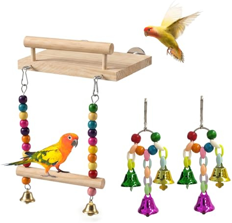 3 Stück Wellensittich Spielzeug, Vogelspielzeug für Wellensittiche Vogel Spielzeug mit Glocke Schaukel Holz Vogel Vogelkäfig Zubehör zum Aufhängen natürliches interaktives Sitzbrett für Papageien Fink