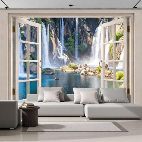 Carta Da Parati Fotomurale Xxl Cascate Naturali Laghi 250X175Cm, Poster Murale Fotografica 3D In Tessuto Non Tessuto Montagne E Foreste Realistiche Di Grande Per Tv Corridoio Soggiorno, Verde Scuro