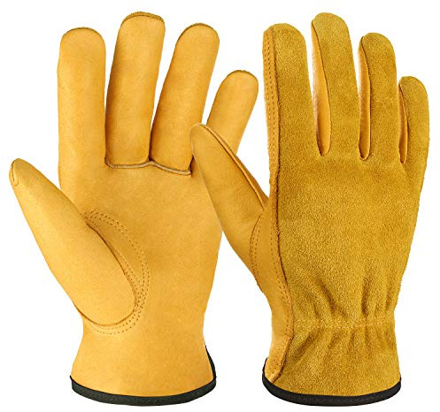 OZERO Arbeitshandschuhe Herren Leder, Gartenhandschuhe Dornenfest EN 388 | 1,08 mm Rindsnarbenleder an der Handfläche, weich und griffig für Rosen-, Brombeerschnitt, Holzarbeit und Werkstatt