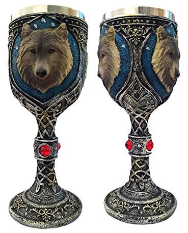 Féeries et merveilles Figura Lobo – Copa A Vino Lobo en estaño y polyresine (HT 19.5 x 8.3 cm de Ancho) – 3D Relieve