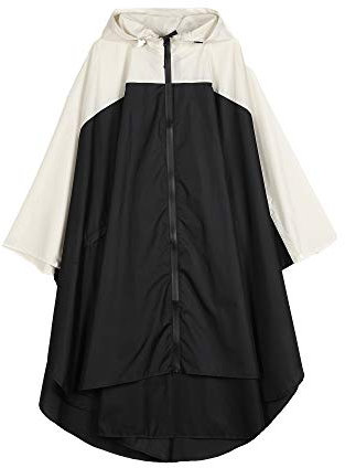 Freesmily Damen Regen Poncho stilvolle wasserdichte Regenmantel mit Kapuze Reißverschluss (Schwarz-Weiss)
