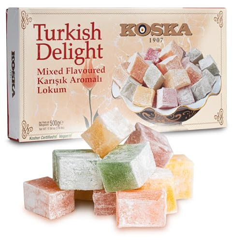 Delicias turcas con diferentes sabores 500 g I sabor a rosa, limón, naranja, menta | Confitería tradicional | Vegano | Halal | Kosher | caramelo blando Postre Lokum (Loukoumi) |